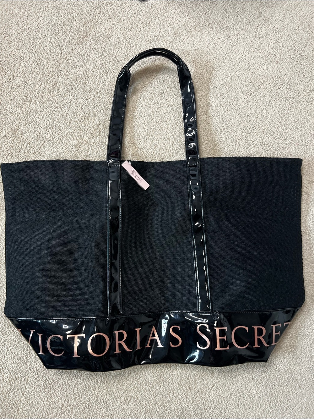 Victoria’s Secret Black Mesh Patent Logo Large Tote Weekender Bag NWT
